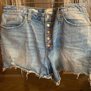 Distressed MIDI Rise Denim Shorts